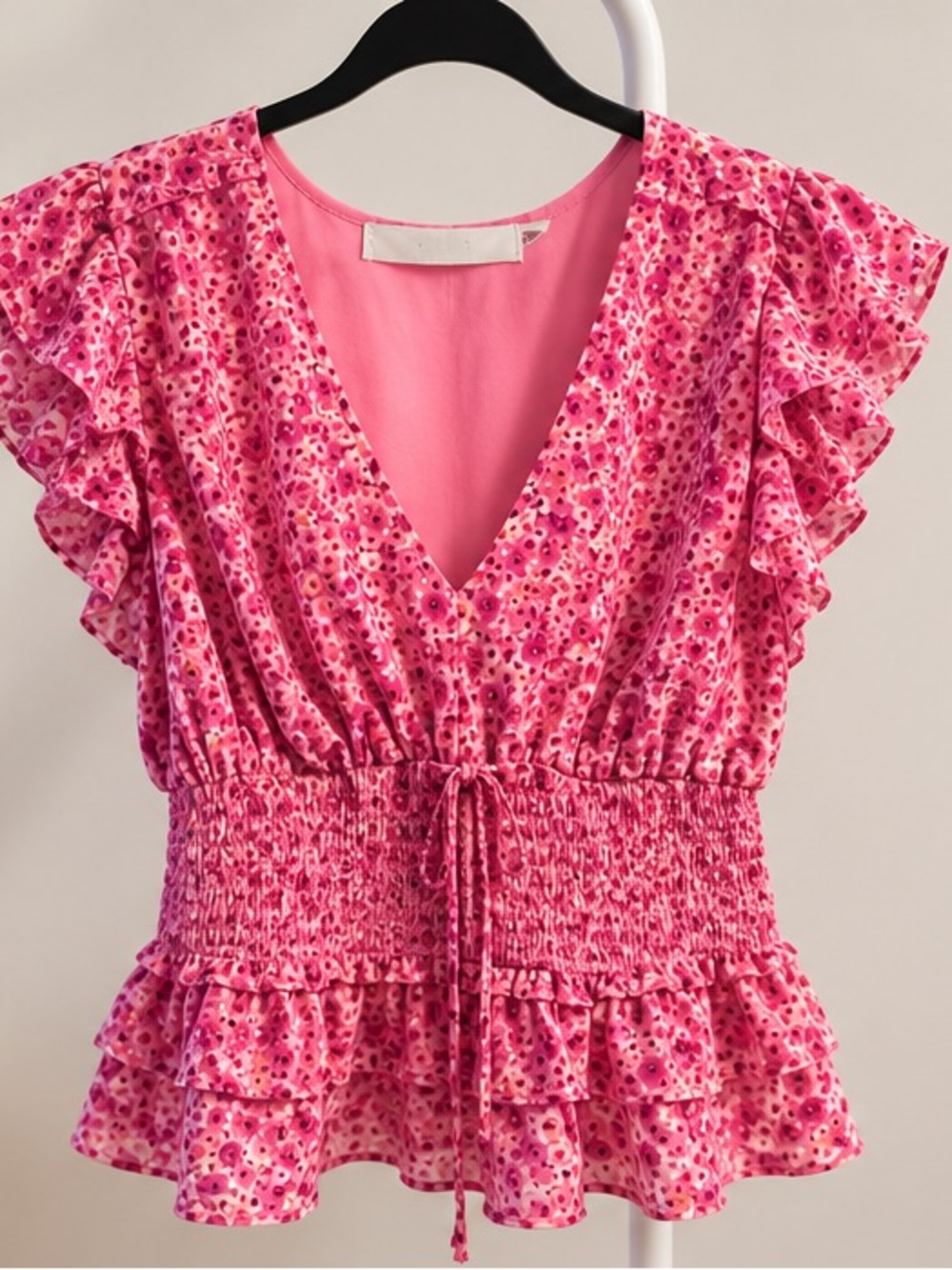 Lush Pink Floral V-Neck Ruffle Peplum Top